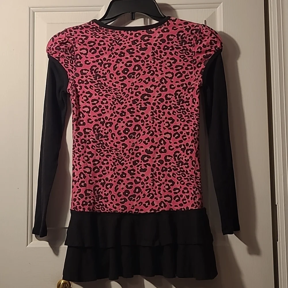 Justice Girls size 10 pink and black animal print sparkly necklace ruffled shirt